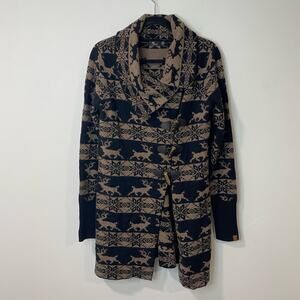 Neve Women's Sweater Coat Brown Black Merino Wool Toggle Buttons Deer Printed M